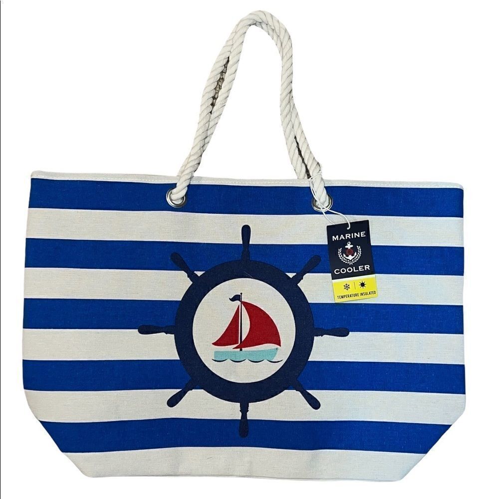 Marine Nautical Blue White Striped Large Beach Picnic Lined Cooler Tote NWT